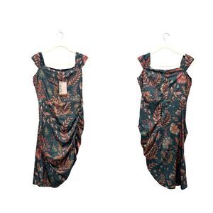 NWT Averie Halley Ruched Midi Dress Flowery Print on Cobalt Blue